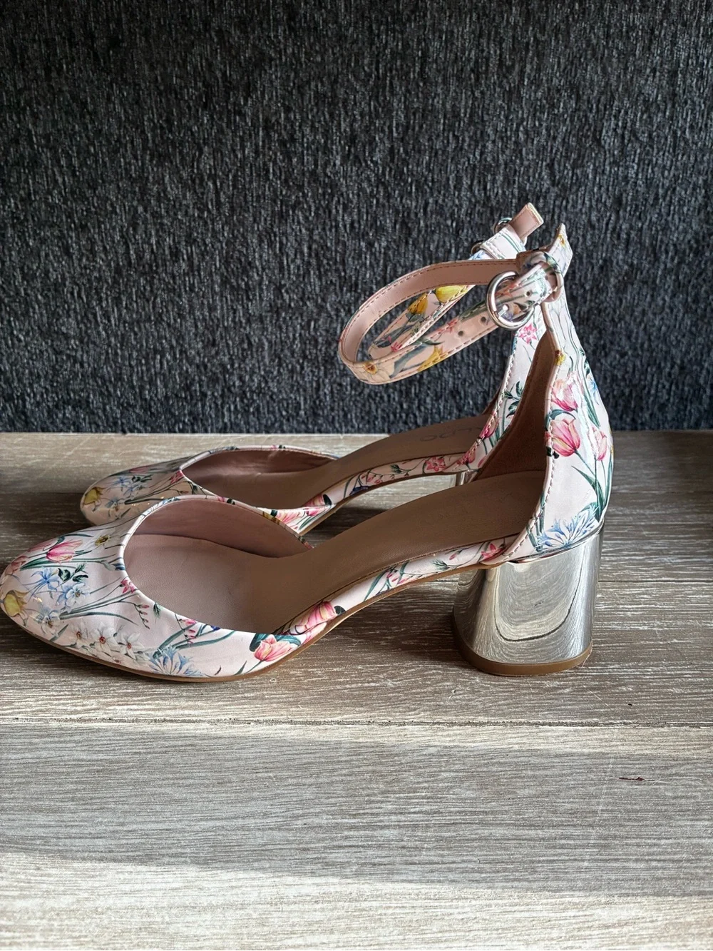 ALDO Floral Pink Ankle-Strap Block Mirrored Heel Pumps